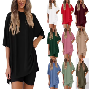 prettygarden women's summer two piece set casual oversized crewneck split hem shirts & side pocket biker shorts minimalist lounge wear soft viscose fabric comfy homewear cozy pjs