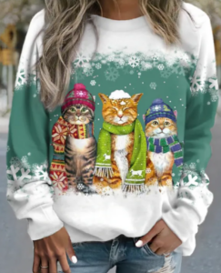 تيشيرت نسائي بأكمام طويلة مزين برسومات رجل الثلج والقطة في عيد الميلاد - تيشيرت فضفاض مناسب للعطلات