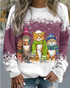 تيشيرت نسائي بأكمام طويلة مزين برسومات رجل الثلج والقطة في عيد الميلاد - تيشيرت فضفاض مناسب للعطلات