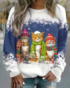 تيشيرت نسائي بأكمام طويلة مزين برسومات رجل الثلج والقطة في عيد الميلاد - تيشيرت فضفاض مناسب للعطلات