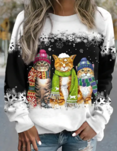 تيشيرت نسائي بأكمام طويلة مزين برسومات رجل الثلج والقطة في عيد الميلاد - تيشيرت فضفاض مناسب للعطلات