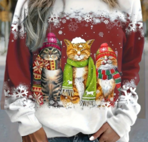 تيشيرت نسائي بأكمام طويلة مزين برسومات رجل الثلج والقطة في عيد الميلاد - تيشيرت فضفاض مناسب للعطلات
