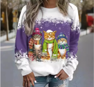 تيشيرت نسائي بأكمام طويلة مزين برسومات رجل الثلج والقطة في عيد الميلاد - تيشيرت فضفاض مناسب للعطلات