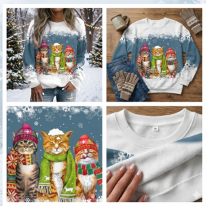 women’s christmas snowman & cat long sleeve t shirt – casual loose fit holiday tee